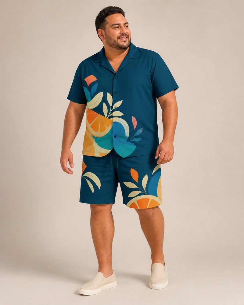 Big and tall man wearing the Citrus Tide pocket-free camp shirt and matching shorts set, clean full-body studio view