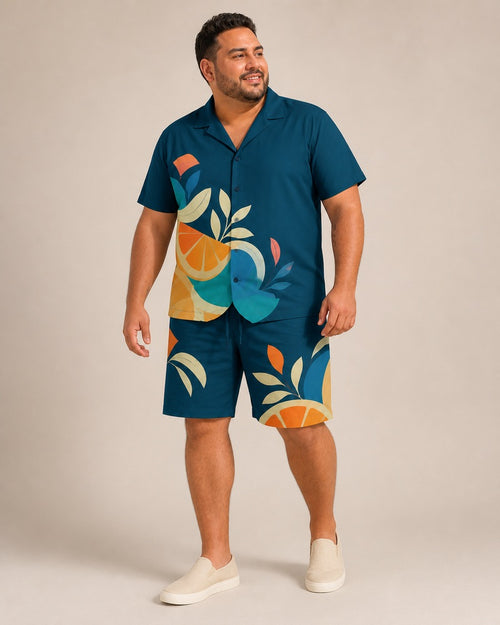 Big and tall man wearing the Citrus Tide pocket-free camp shirt and matching shorts set, clean full-body studio view