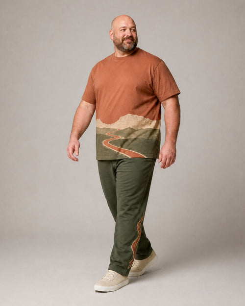 Big and tall man wearing the Clay Switchback Range t-shirt and matching pants set, full-body product view