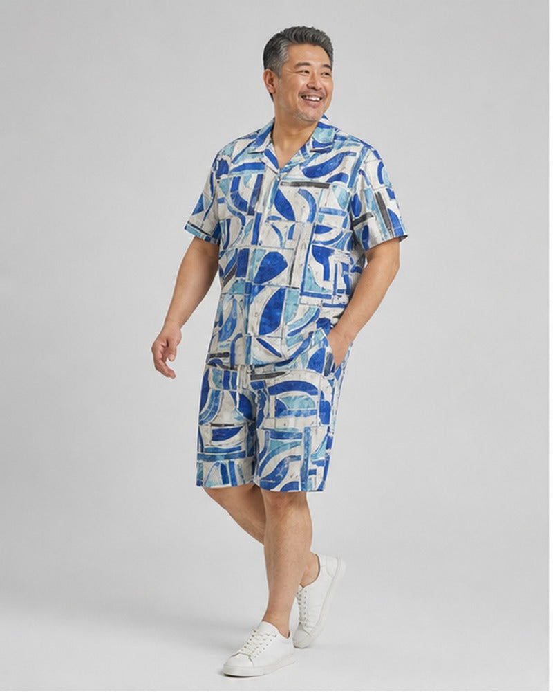 Big and tall man wearing the Coastal Tile Rhythm pocket-free shirt and matching shorts set, clean full-body studio view