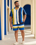 Big and tall man wearing the Cobalt Cabana Step shirt and shorts set, full-body product view