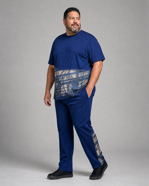 Big and tall man wearing the Cobalt Fire Escape Shadow t-shirt and matching pants set, full-body product view