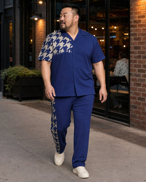 Big and tall man styling the Cobalt Oat Broken Hound pocket-free shirt and matching pants set in a natural lifestyle scene