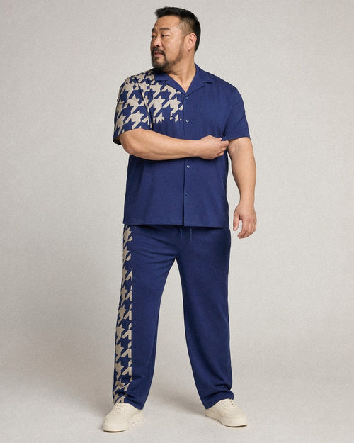 Big and tall man wearing the Cobalt Oat Broken Hound pocket-free shirt and matching pants set, full-body product view