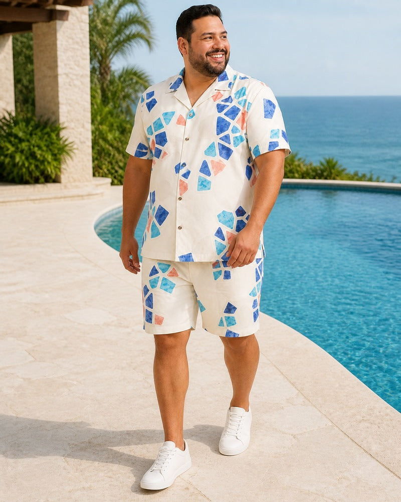 Big and tall man styling the Cobalt Pool Mosaic pocket-free shirt and matching shorts set in a natural lifestyle scene