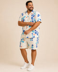 Big and tall man wearing the Cobalt Pool Mosaic pocket-free shirt and matching shorts set, full-body product view