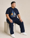 Big and tall man wearing the Cobalt Vessel Study t-shirt and matching pants set, full-body product view