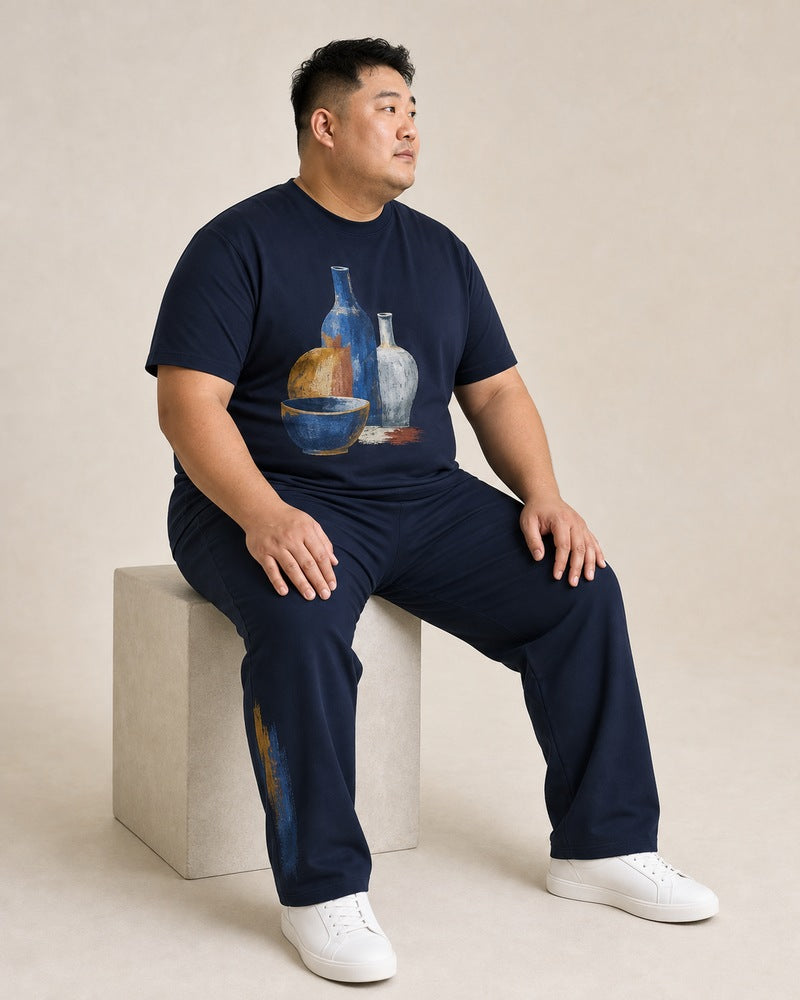 Big and tall man wearing the Cobalt Vessel Study t-shirt and matching pants set, full-body product view