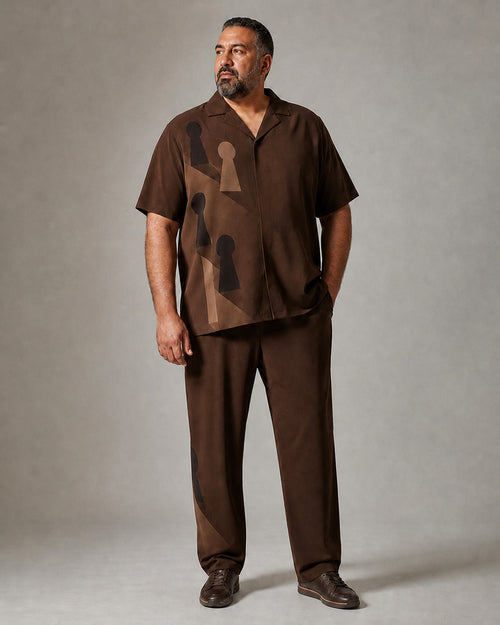 Big and tall man wearing the Cocoa Keyhole Shadow pocket-free shirt and matching pants set, full-body product view