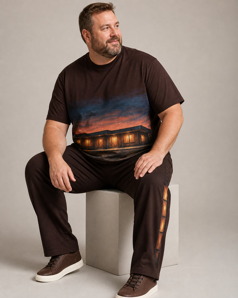 Big and tall man wearing the Cocoa Motel Glow t-shirt and matching pants set, full-body product view