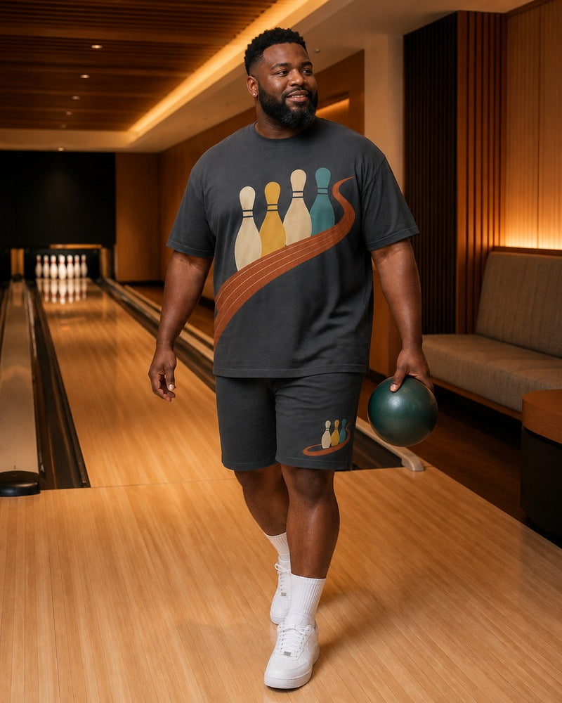 Big and tall man styling the Copper Bowling Loop t-shirt and matching shorts set in a natural lifestyle scene