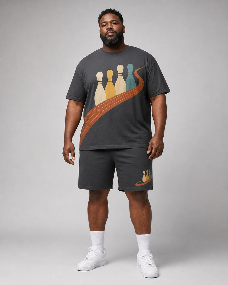 Big and tall man wearing the Copper Bowling Loop t-shirt and matching shorts set, full-body product view