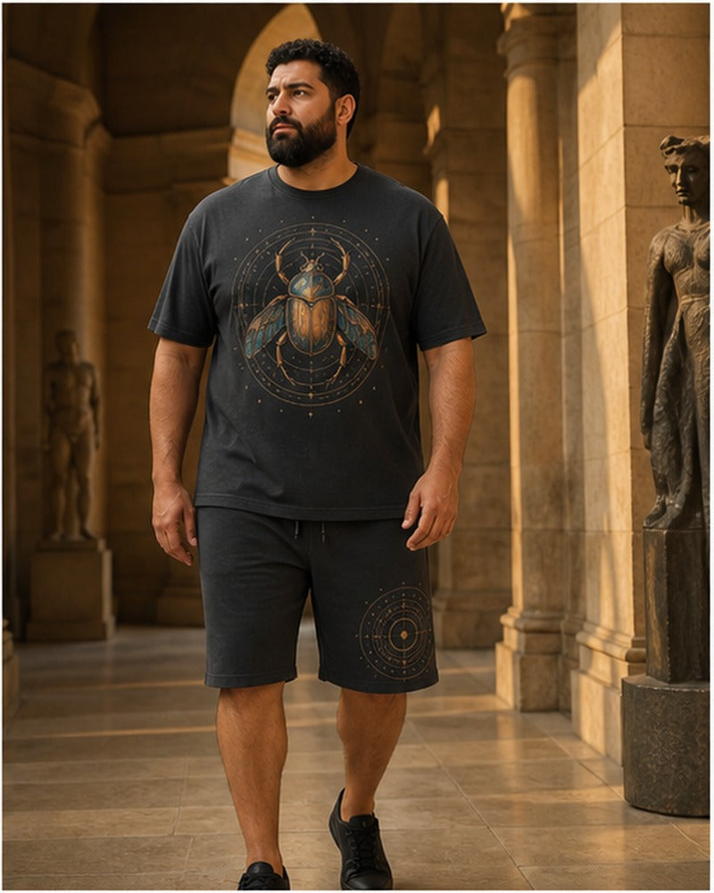 Big and tall man wearing the Copper Scarab Atlas matching set in a coordinated lifestyle setting