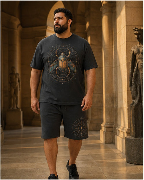 Big and tall man wearing the Copper Scarab Atlas matching set in a coordinated lifestyle setting