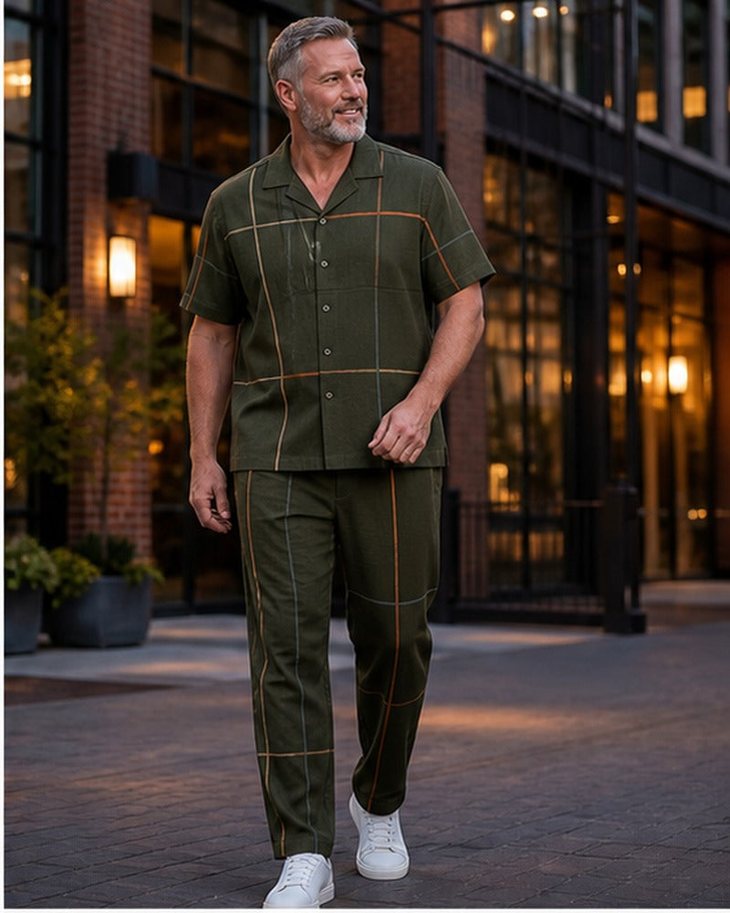 Big and tall man wearing the Copper Windowline matching set in a coordinated lifestyle setting