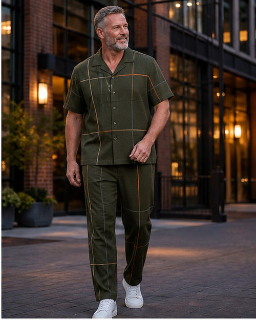 Big and tall man wearing the Copper Windowline matching set in a coordinated lifestyle setting