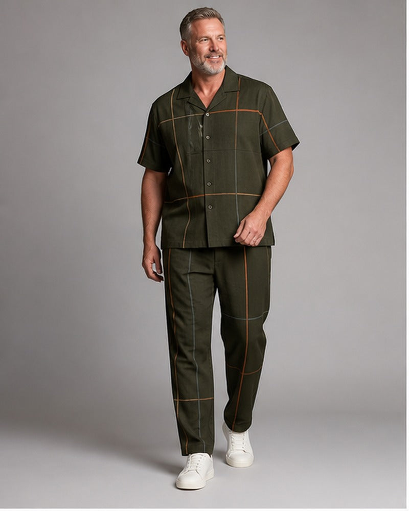 Big and tall man wearing the Copper Windowline pocket-free shirt and matching pants set, clean full-body studio view