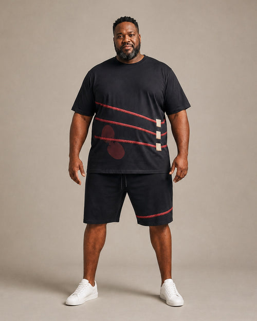 Big and tall man wearing the Crimson Corner Rope t-shirt and matching shorts set, full-body product view