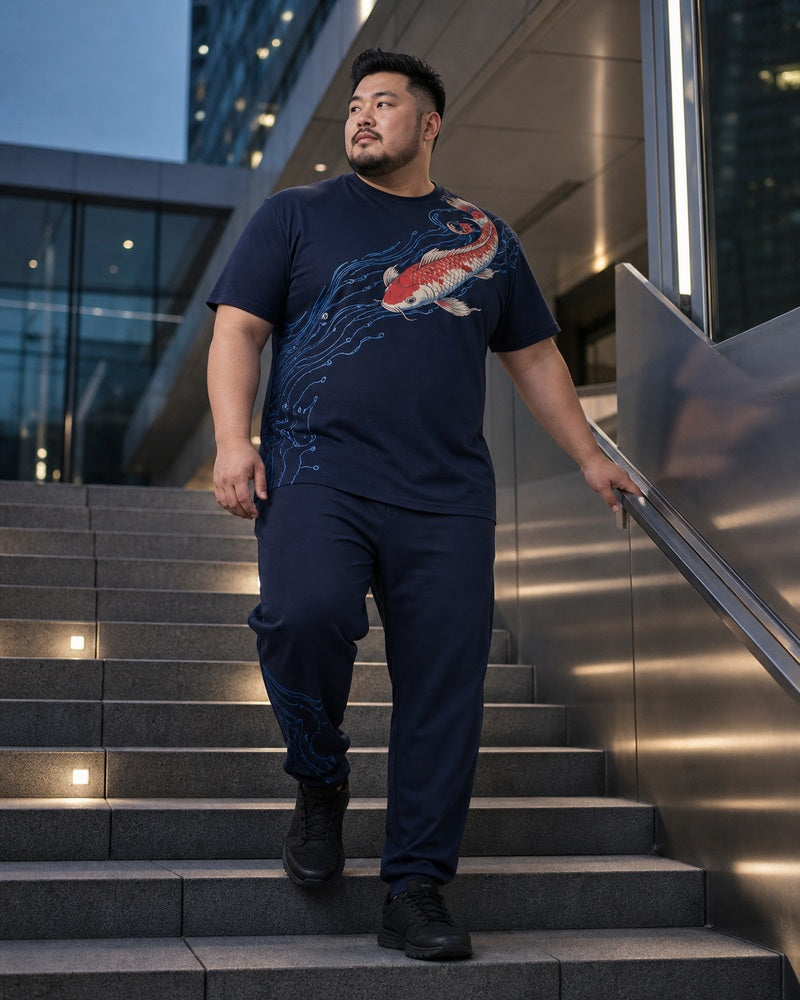 Big and tall man wearing the Deep Current Koi matching set in a waterfront city setting