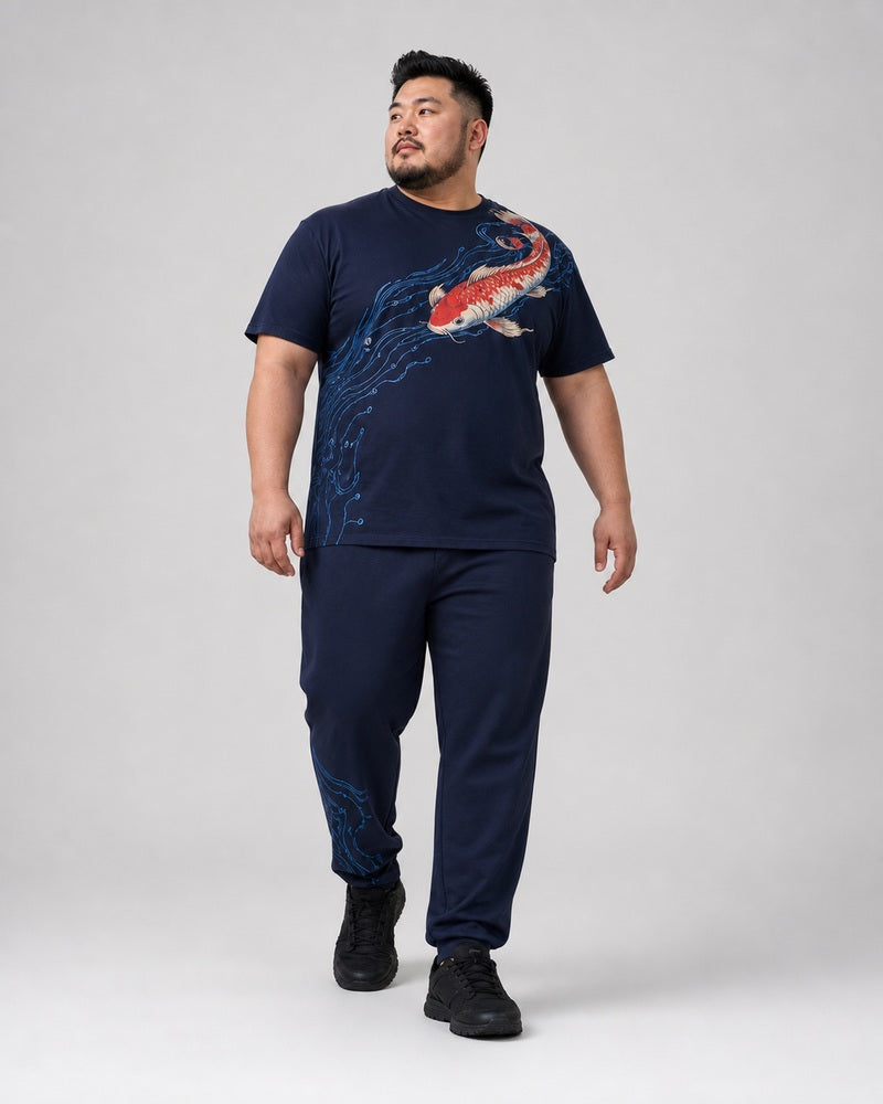 Big and tall man wearing the Deep Current Koi T-shirt and matching pants set, clean full-body studio view