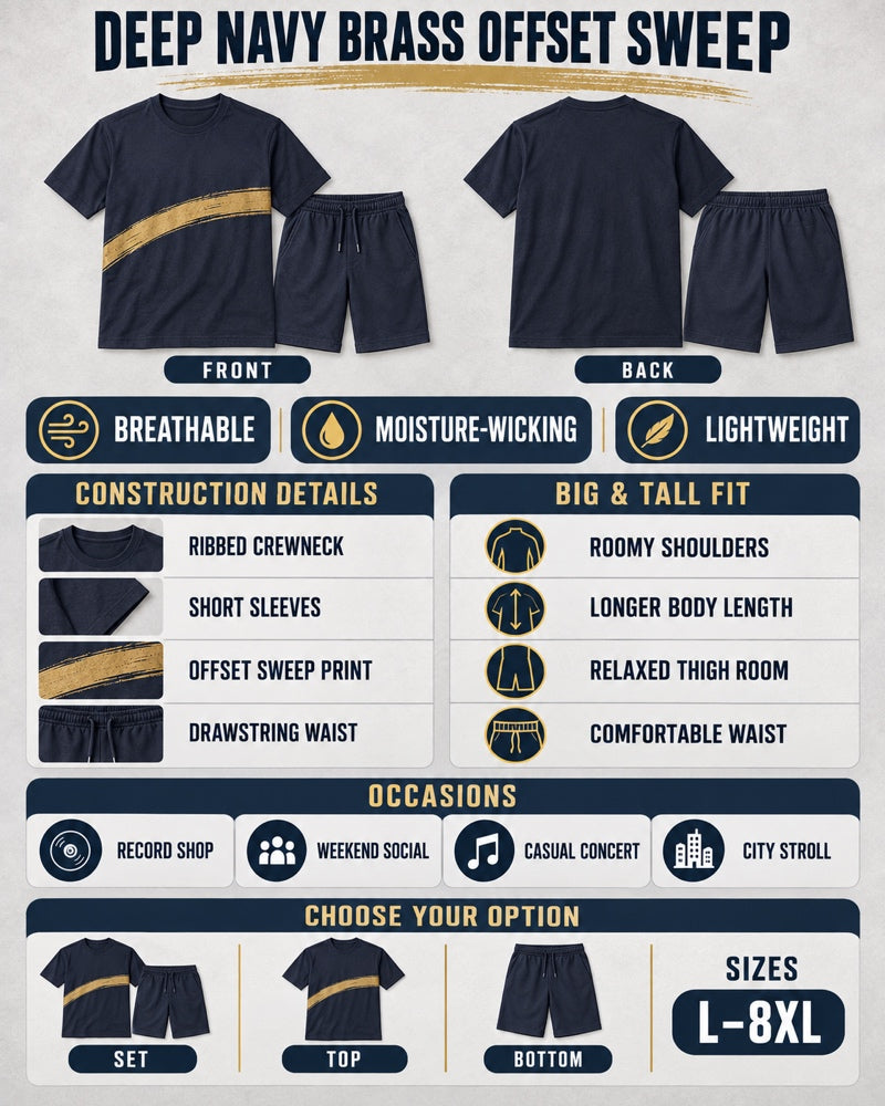 Deep Navy Brass Offset Sweep front and back, construction, fit, occasions and Set Top Bottom buying guide