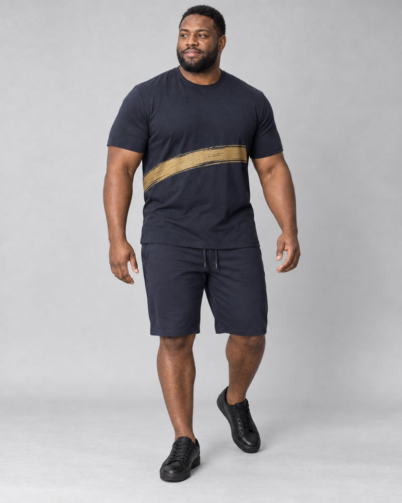 Deep Navy Brass Offset Sweep complete t-shirt and shorts set, full body studio view