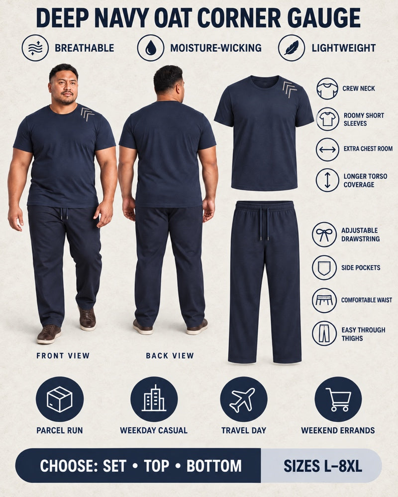Deep Navy Oat Corner Gauge front and back, construction, fit, occasions and Set Top Bottom buying guide