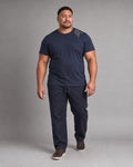 Deep Navy Oat Corner Gauge complete t-shirt and pants set, full body studio view