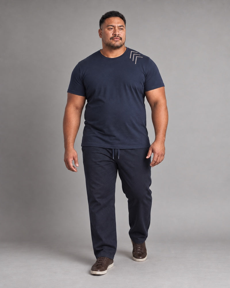 Deep Navy Oat Corner Gauge complete t-shirt and pants set, full body studio view