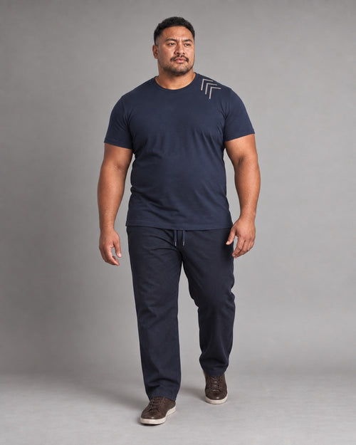 Deep Navy Oat Corner Gauge complete t-shirt and pants set, full body studio view