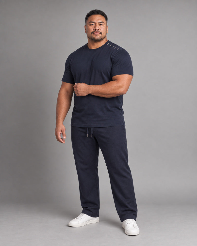 Deep Navy Oat Meridian Notch complete T-shirt and pants set, full body studio view