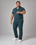 Deep Teal Oat Edge Register complete pocket-free shirt and pants set, full body studio view