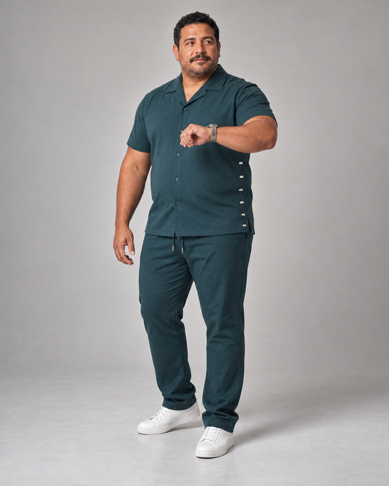 Deep Teal Oat Edge Register complete pocket-free shirt and pants set, full body studio view