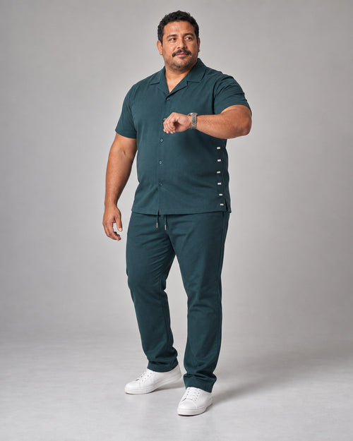 Deep Teal Oat Edge Register complete pocket-free shirt and pants set, full body studio view