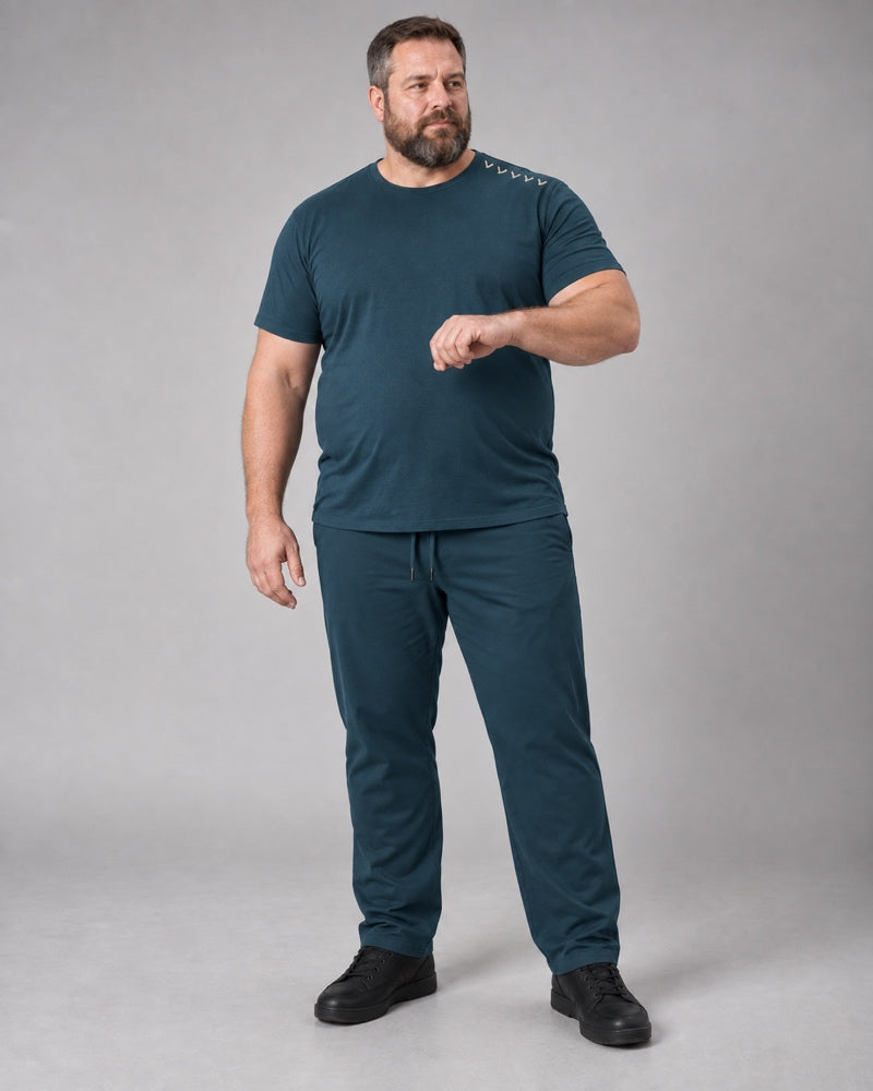 Deep Teal Oat Northline Ticks complete t-shirt and pants set, full body studio view