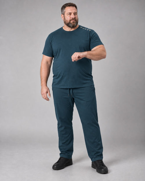 Deep Teal Oat Northline Ticks complete t-shirt and pants set, full body studio view