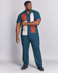 Deep Teal Rust Switchyard Blocks complete shirt and pants set, full body studio view
