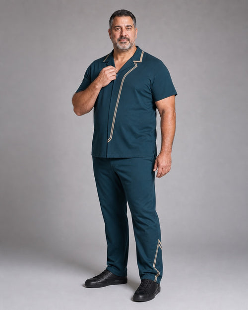 Deep Teal Sand Collar Echo complete shirt and pants set, full body studio view