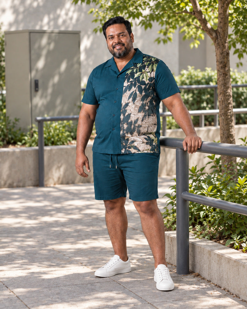 Deep Teal Stone Courtyard Shadow outfit worn at an ordinary municipal courtyard
