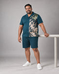 Deep Teal Stone Courtyard Shadow complete pocket-free shirt and shorts set, full body studio view