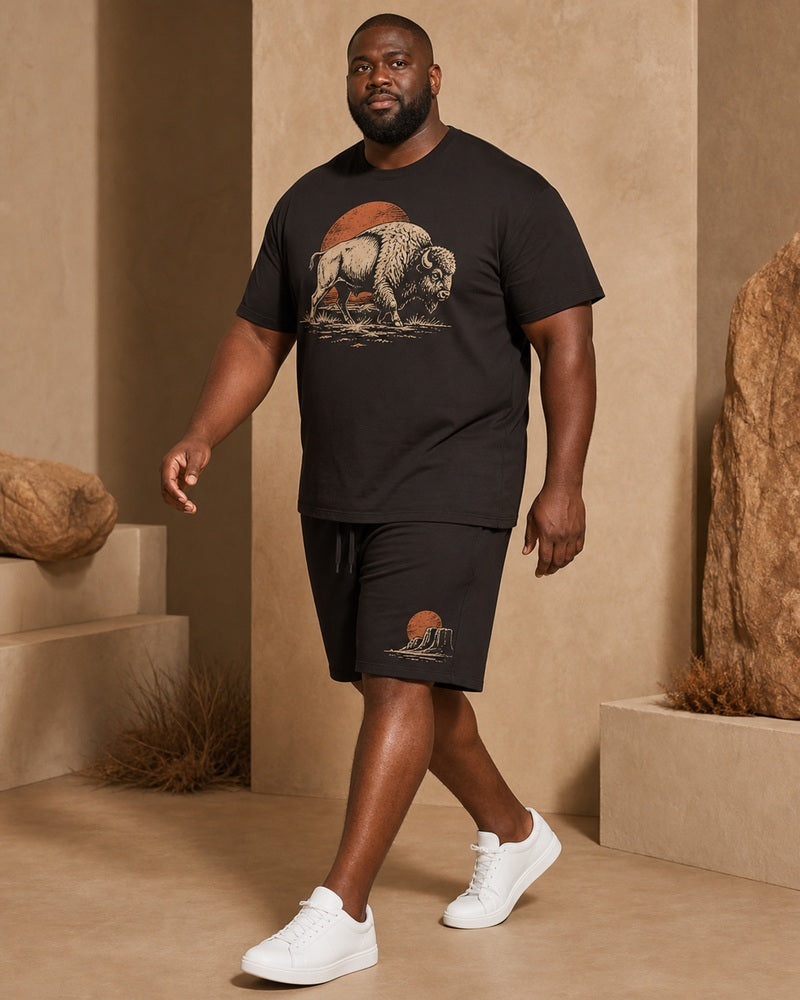 Big and tall man wearing the Dustland Bison matching set in an outdoor Western-inspired setting