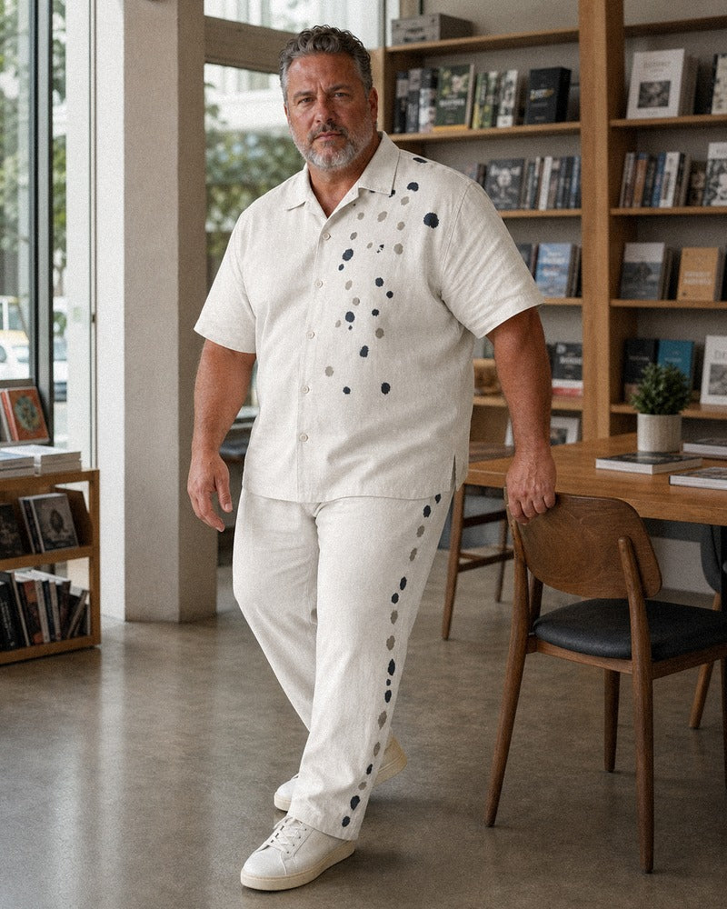 Big and tall man styling the Ecru Ink Pebble coordinated outfit in a natural lifestyle scene