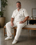Big and tall man wearing the Ecru Ink Pebble shirt and pants set, full-body product view