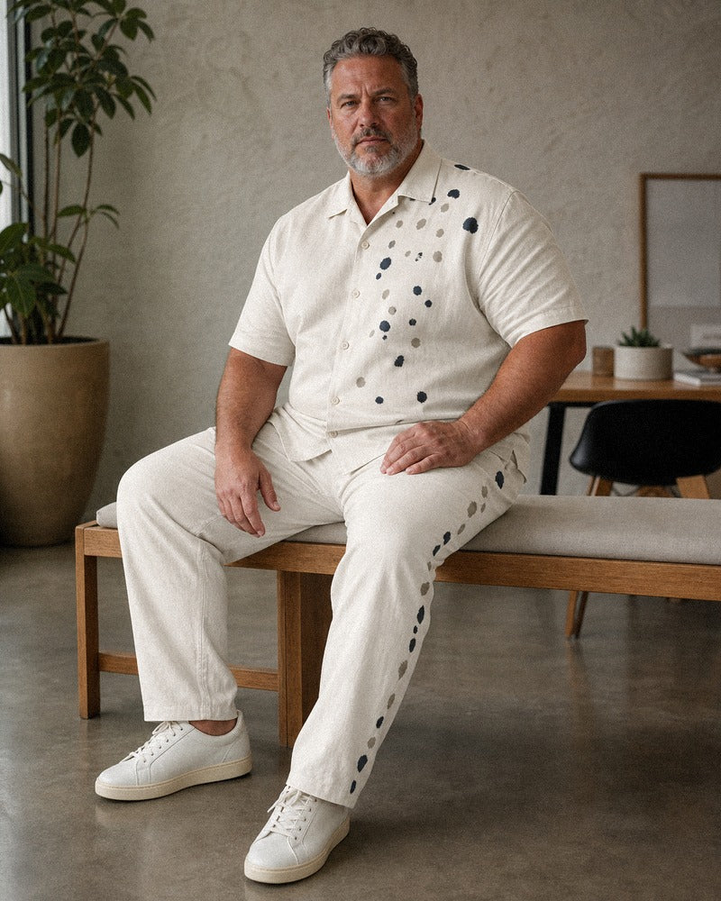 Big and tall man wearing the Ecru Ink Pebble shirt and pants set, full-body product view