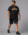 Big and tall man wearing the Ember Match Point Arc t-shirt and matching shorts set, full-body product view
