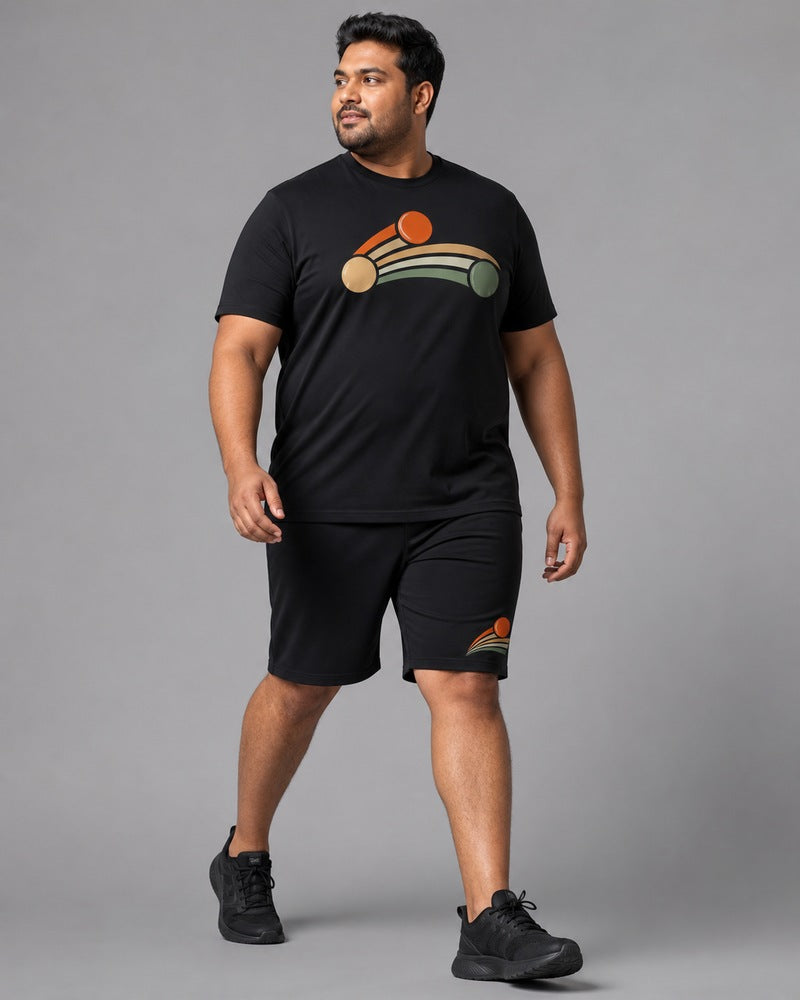 Big and tall man wearing the Ember Match Point Arc t-shirt and matching shorts set, full-body product view