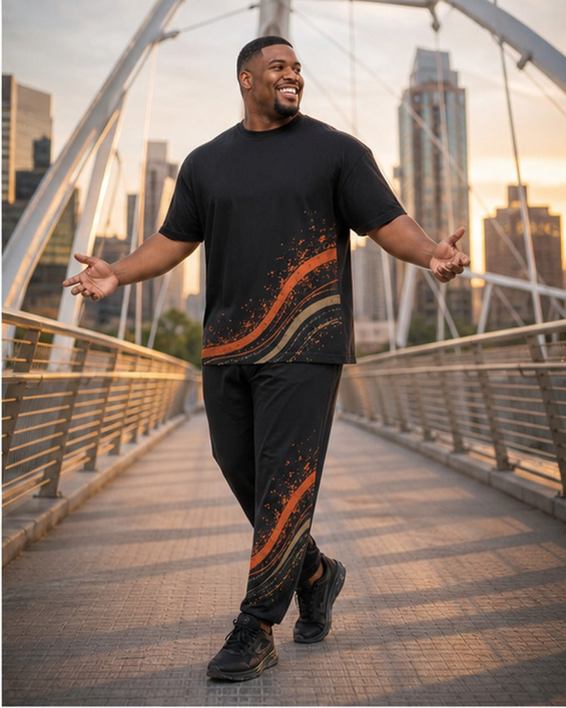 Big and tall man wearing the Ember Velocity Wave matching set in a coordinated lifestyle setting