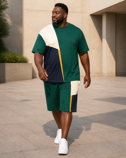 Big and tall man styling the Emerald Split Screen t-shirt and matching shorts set in a lifestyle scene