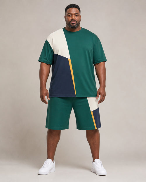 Big and tall man wearing the Emerald Split Screen t-shirt and matching shorts set, full-body product view