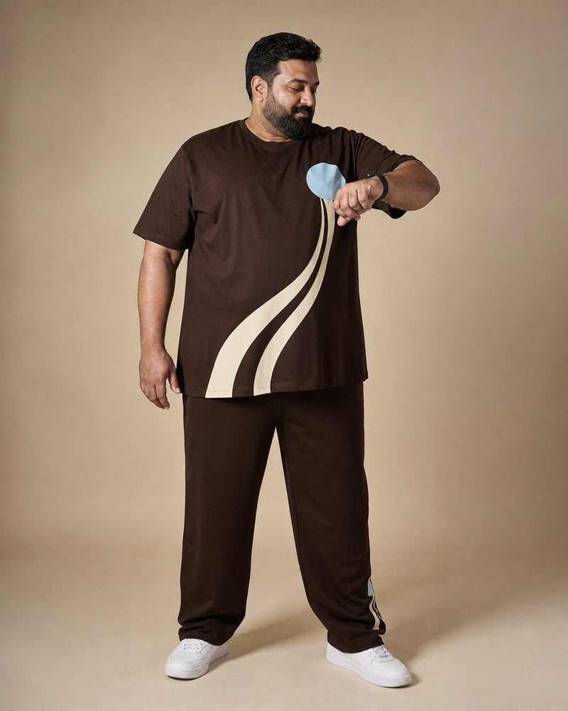 Big and tall man wearing the Espresso Sky Bowling Curve t-shirt and matching pants set, full-body product view
